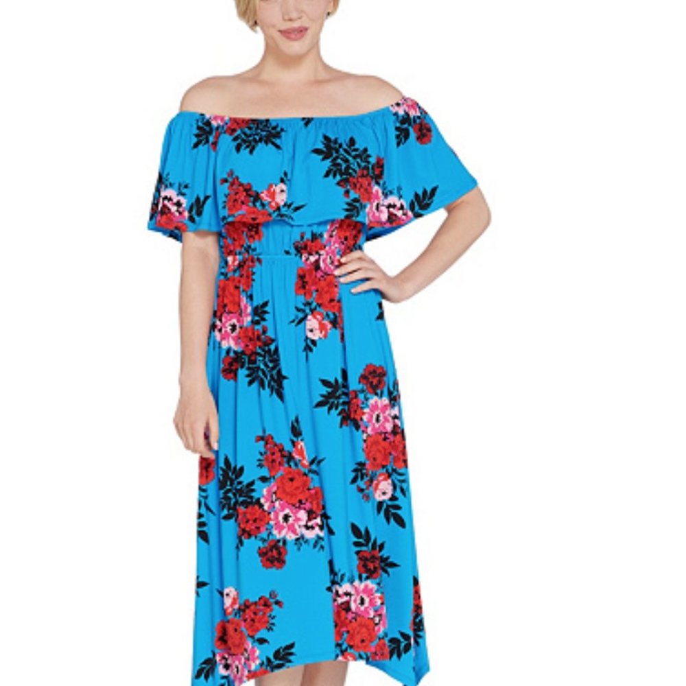 NWT DU JOUR OFF THE SHOULDER TURQUOISE FLORAL PRINTED‎ KNIT DRESS MEDIUM